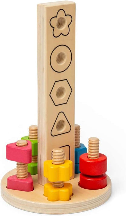 Bigjigs Toys Nuts & Bolts Tower – 11 pezzi giocattolo da costruzione in legno e suddivisione di forme, educativo ed ecologico, regali Montessori per neonati e bambini, età 12 mesi +