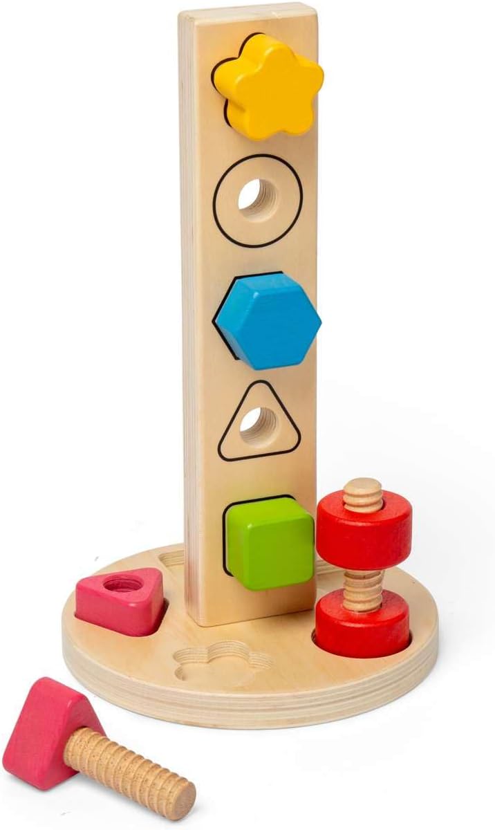 Bigjigs Toys Nuts & Bolts Tower – 11 pezzi giocattolo da costruzione in legno e suddivisione di forme, educativo ed ecologico, regali Montessori per neonati e bambini, età 12 mesi +