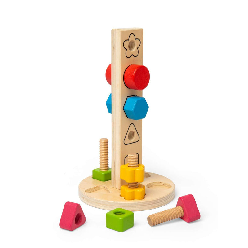 Bigjigs Toys Nuts & Bolts Tower – 11 pezzi giocattolo da costruzione in legno e suddivisione di forme, educativo ed ecologico, regali Montessori per neonati e bambini, età 12 mesi +