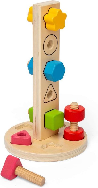 Bigjigs Toys Nuts & Bolts Tower – 11 pezzi giocattolo da costruzione in legno e suddivisione di forme, educativo ed ecologico, regali Montessori per neonati e bambini, età 12 mesi +