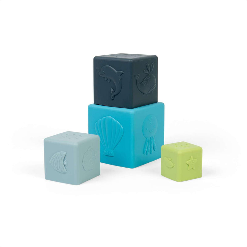 Bigjigs Toys Cubi impilabili – Set di 4 pezzi di animali marini per neonati e bambini, 100% silicone giocattolo per il bagnetto, regali per bambini, età 12 mesi +
