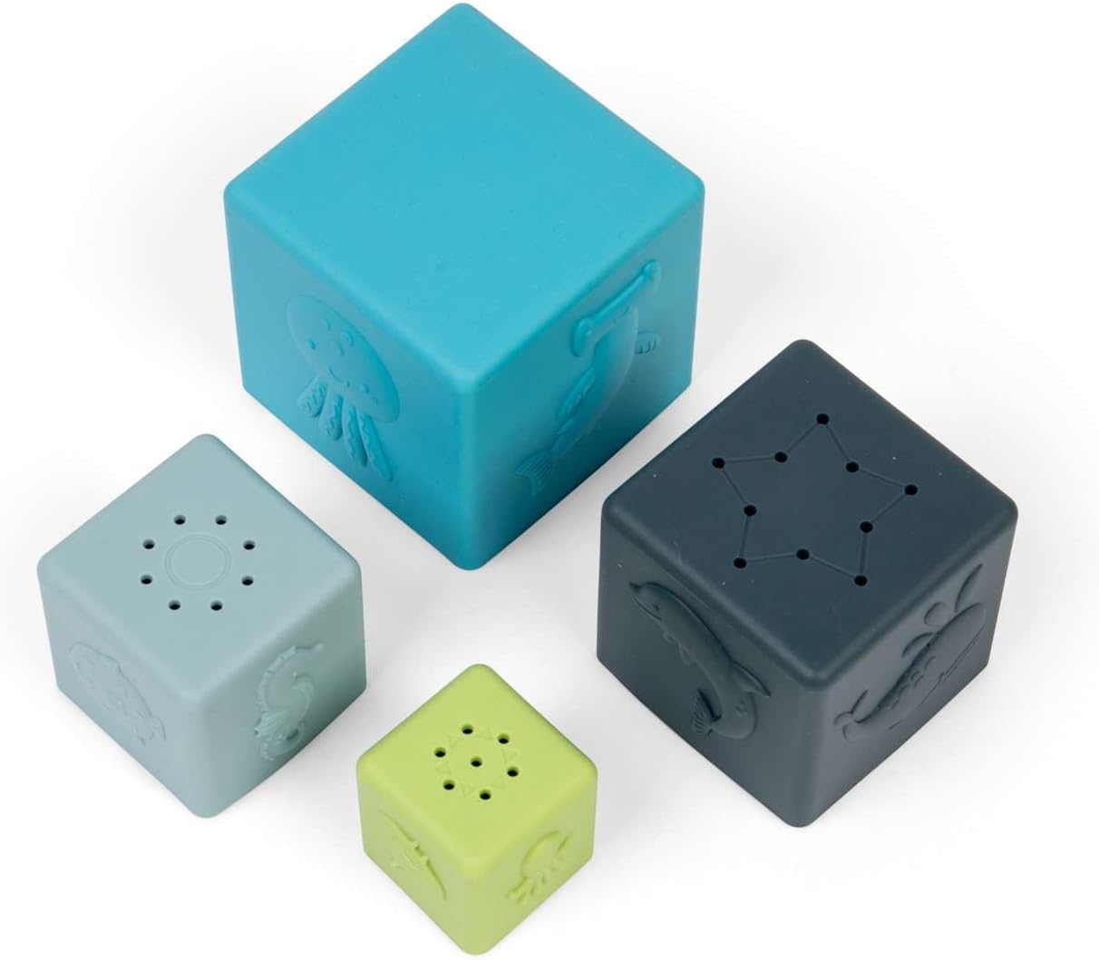 Bigjigs Toys Cubi impilabili – Set di 4 pezzi di animali marini per neonati e bambini, 100% silicone giocattolo per il bagnetto, regali per bambini, età 12 mesi +