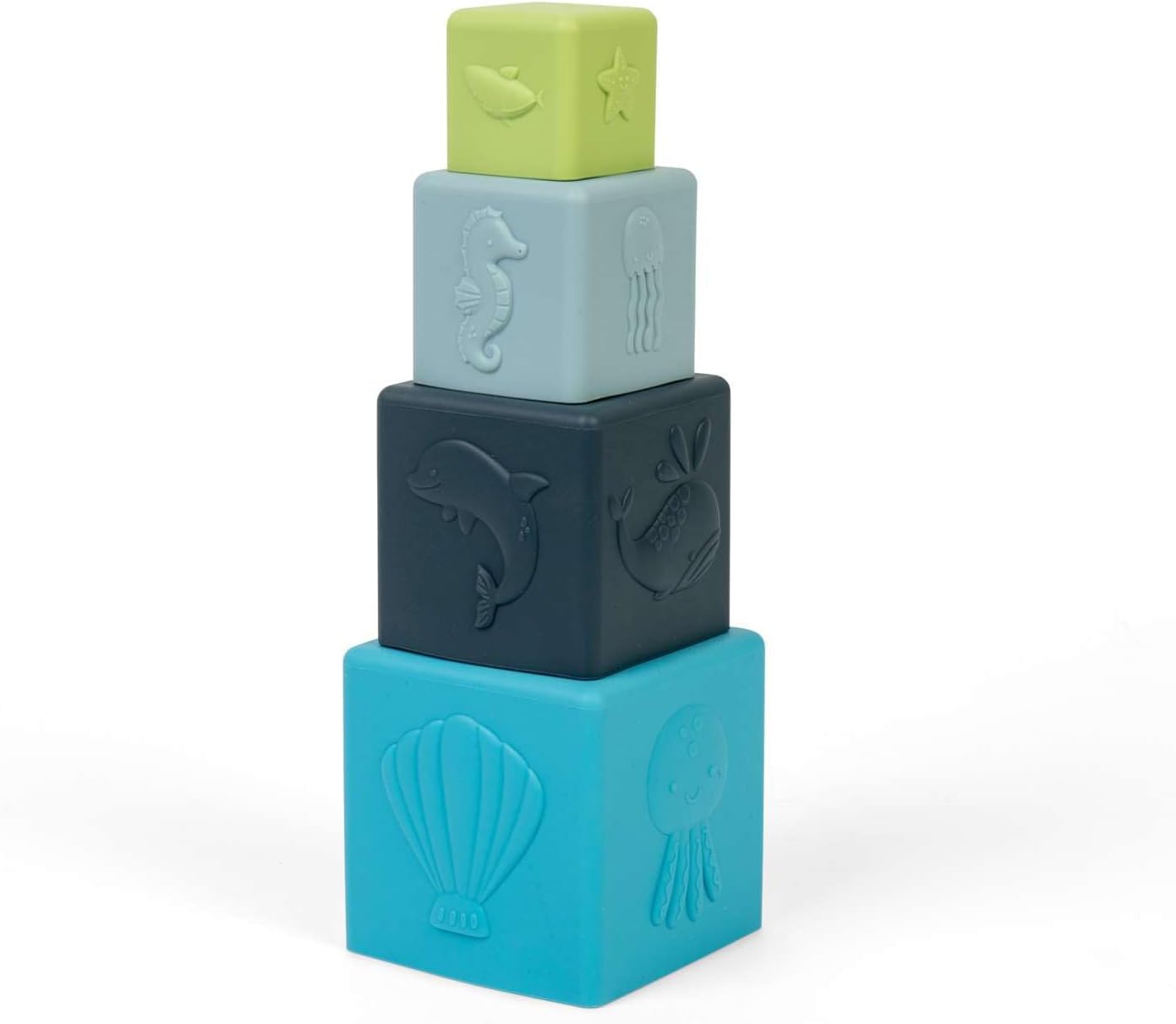 Bigjigs Toys Cubi impilabili – Set di 4 pezzi di animali marini per neonati e bambini, 100% silicone giocattolo per il bagnetto, regali per bambini, età 12 mesi +