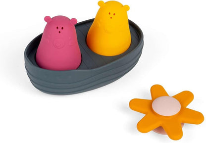 Bigjigs Toys Juego de baño sensorial: juguete acuático flotante de 4 piezas con osos apretados, spinner de flores y barco, juegos de baño para bebés y niños pequeños, 100% silicona, regalos ecológicos