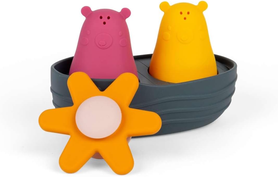 Bigjigs Toys Juego de baño sensorial: juguete acuático flotante de 4 piezas con osos apretados, spinner de flores y barco, juegos de baño para bebés y niños pequeños, 100% silicona, regalos ecológicos