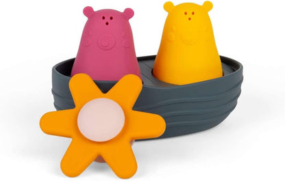 Bigjigs Toys Juego de baño sensorial: juguete acuático flotante de 4 piezas con osos apretados, spinner de flores y barco, juegos de baño para bebés y niños pequeños, 100% silicona, regalos ecológicos