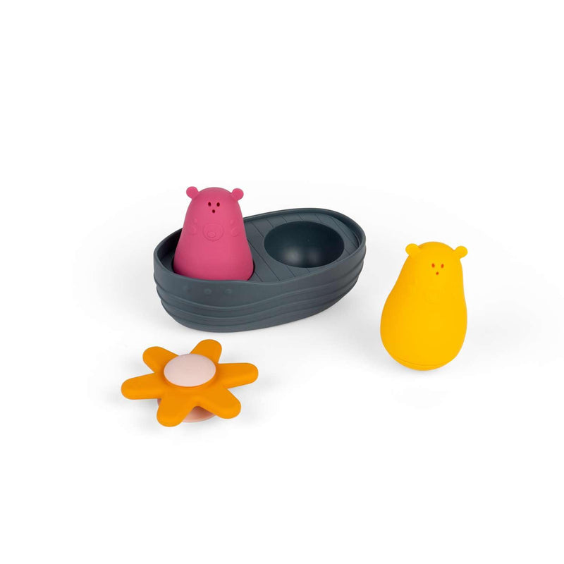 Bigjigs Toys Juego de baño sensorial: juguete acuático flotante de 4 piezas con osos apretados, spinner de flores y barco, juegos de baño para bebés y niños pequeños, 100% silicona, regalos ecológicos