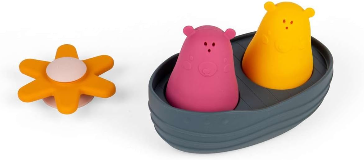 Bigjigs Toys Juego de baño sensorial: juguete acuático flotante de 4 piezas con osos apretados, spinner de flores y barco, juegos de baño para bebés y niños pequeños, 100% silicona, regalos ecológicos