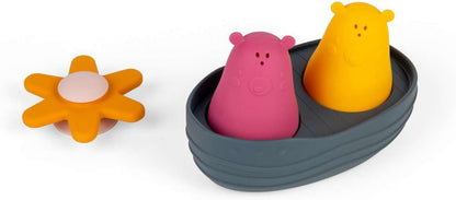 Bigjigs Toys Juego de baño sensorial: juguete acuático flotante de 4 piezas con osos apretados, spinner de flores y barco, juegos de baño para bebés y niños pequeños, 100% silicona, regalos ecológicos