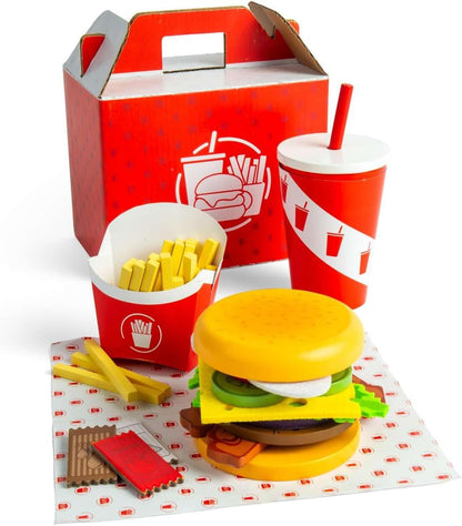 Bigjigs Toys Set di hamburger e patatine fritte, 48 pezzi giocattolo in legno per bambini, set da cucina e accessori, regalo ecologico per bambini, età 3 anni +