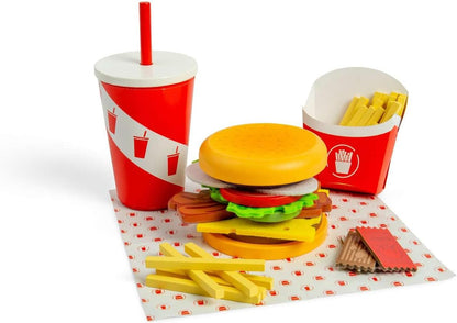 Bigjigs Toys Set di hamburger e patatine fritte, 48 pezzi giocattolo in legno per bambini, set da cucina e accessori, regalo ecologico per bambini, età 3 anni +