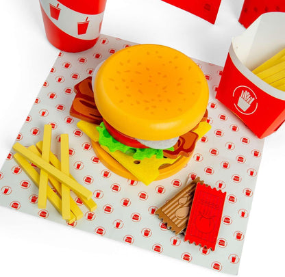 Bigjigs Toys Set di hamburger e patatine fritte, 48 pezzi giocattolo in legno per bambini, set da cucina e accessori, regalo ecologico per bambini, età 3 anni +
