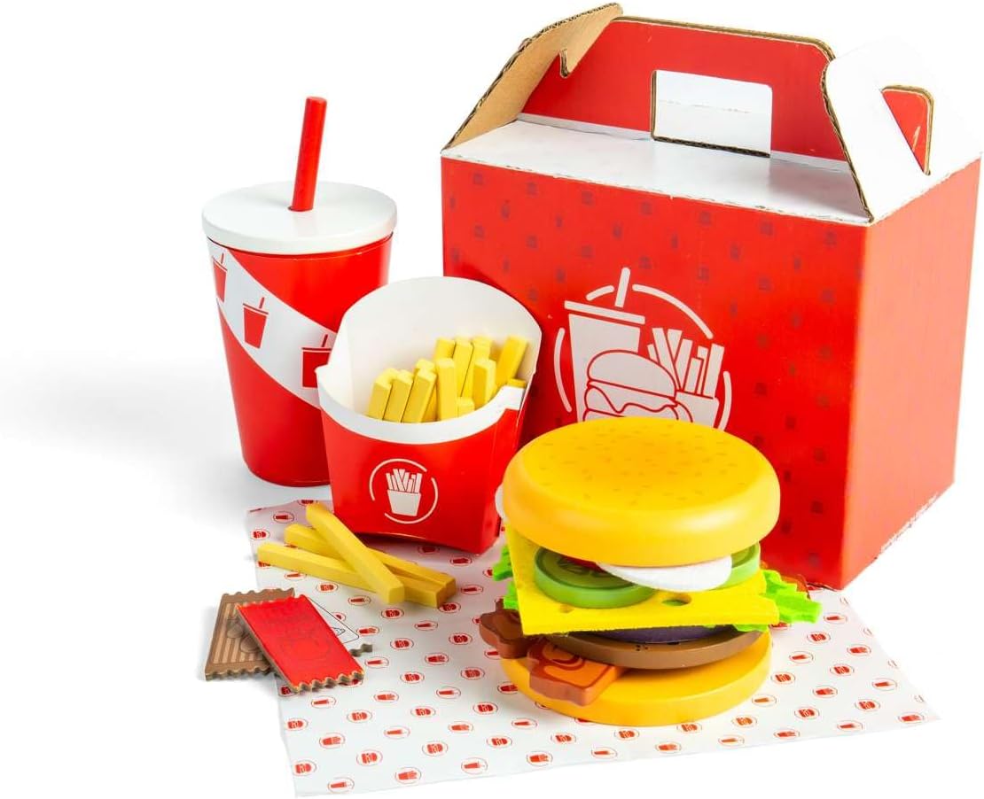 Bigjigs Toys Set di hamburger e patatine fritte, 48 pezzi giocattolo in legno per bambini, set da cucina e accessori, regalo ecologico per bambini, età 3 anni +