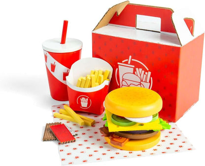 Bigjigs Toys Set di hamburger e patatine fritte, 48 pezzi giocattolo in legno per bambini, set da cucina e accessori, regalo ecologico per bambini, età 3 anni +