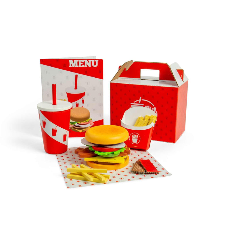 Bigjigs Toys Set di hamburger e patatine fritte, 48 pezzi giocattolo in legno per bambini, set da cucina e accessori, regalo ecologico per bambini, età 3 anni +