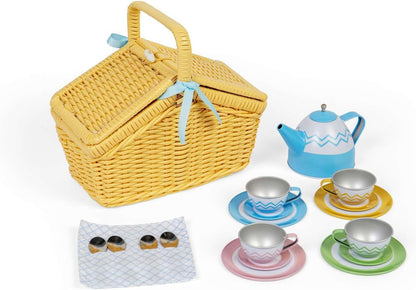 Bigjigs Toys Set da picnic in cestino, set da tè pomeridiano per bambini, accessori per giochi di finzione, regali per bambini, dai 3 anni in su