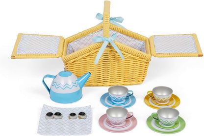 Bigjigs Toys Set da picnic in cestino, set da tè pomeridiano per bambini, accessori per giochi di finzione, regali per bambini, dai 3 anni in su