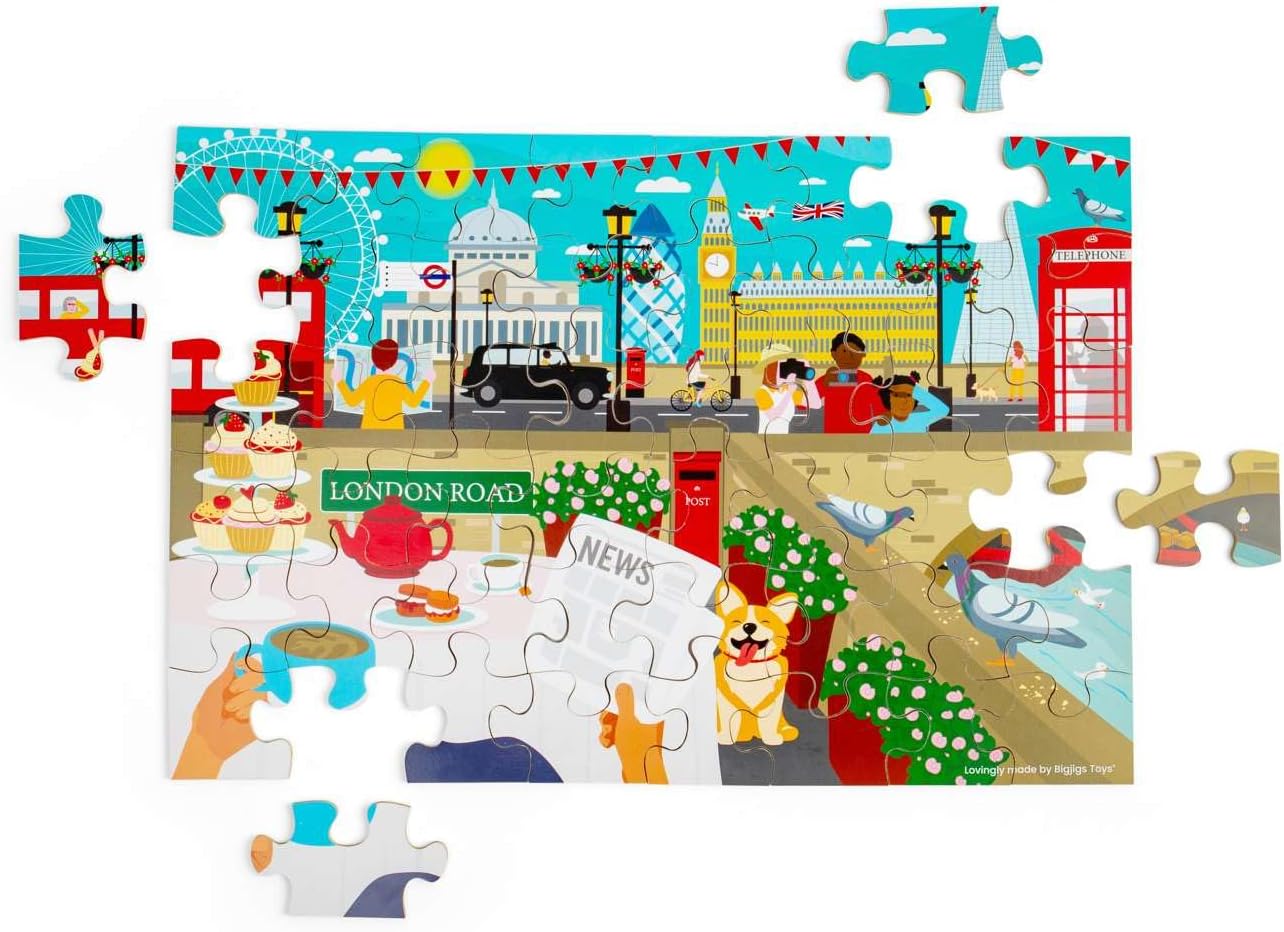 Bigjigs Toys London City Puzzle da pavimento – Enorme puzzle in legno da 48 pezzi, puzzle per bambini, realizzati in modo sostenibile per bambini dai 3 anni in su