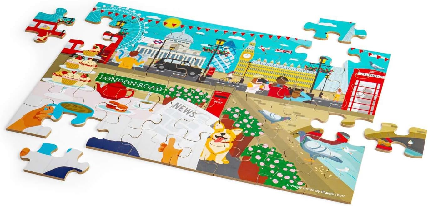 Bigjigs Toys London City Puzzle da pavimento – Enorme puzzle in legno da 48 pezzi, puzzle per bambini, realizzati in modo sostenibile per bambini dai 3 anni in su
