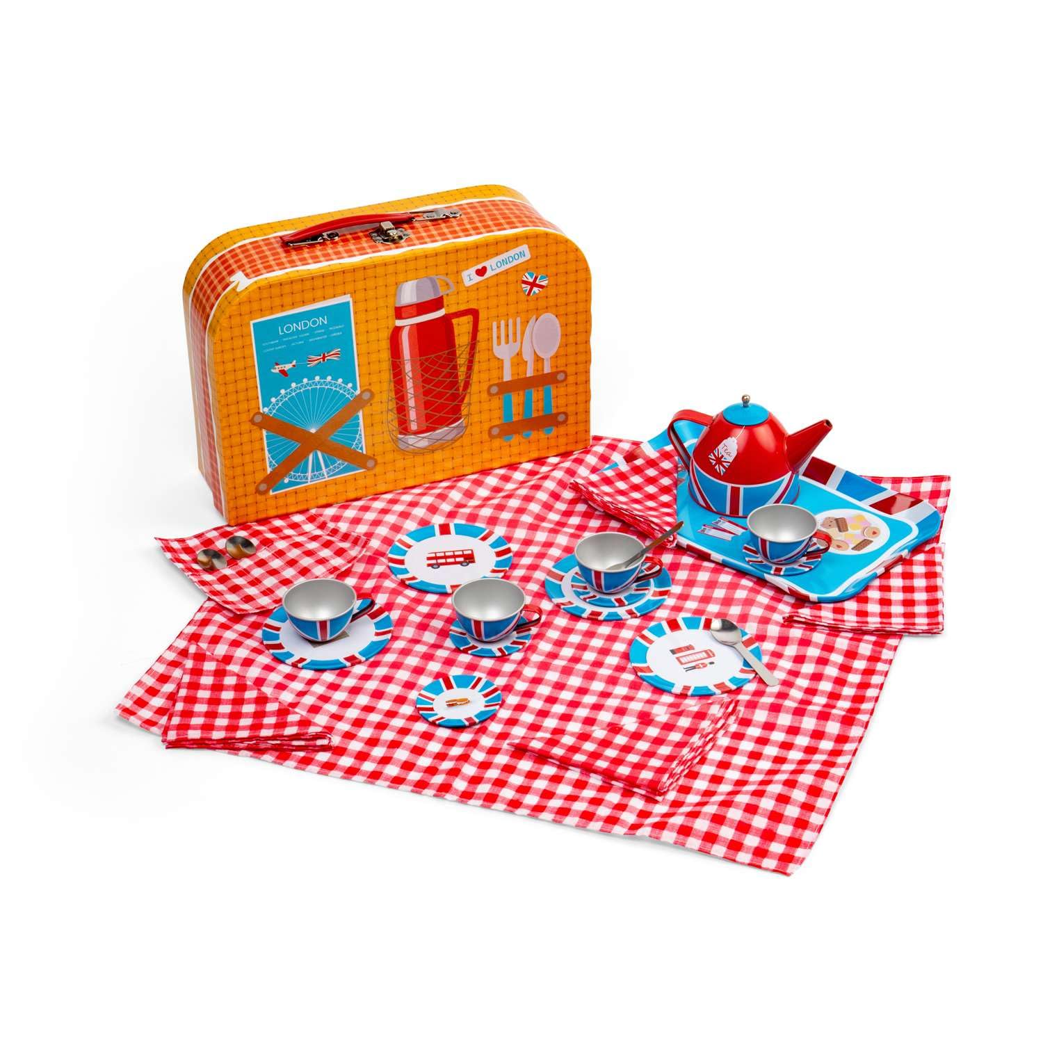 Bigjigs Toys London - Juego de té de lata de 24 piezas, juego de picnic para niños, juguete de juego de rol para niños, regalos para niños a partir de 3 años