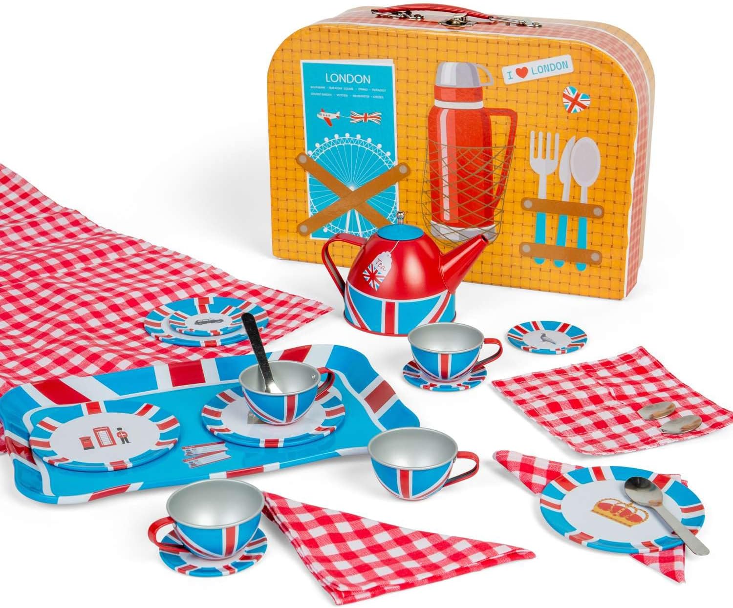 Bigjigs Toys London - Juego de té de lata de 24 piezas, juego de picnic para niños, juguete de juego de rol para niños, regalos para niños a partir de 3 años