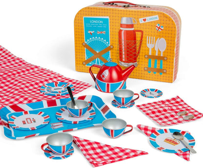 Bigjigs Toys London - Juego de té de lata de 24 piezas, juego de picnic para niños, juguete de juego de rol para niños, regalos para niños a partir de 3 años