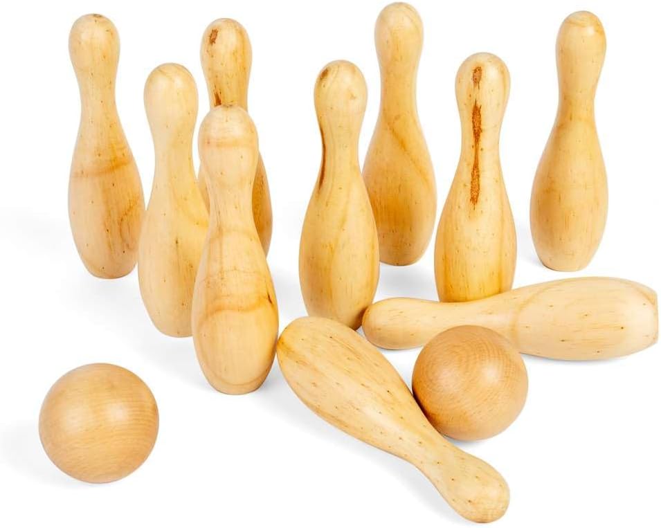 Bigjigs Toys Ensemble de bowling à 10 broches – 12 pièces de quilles en bois, ensembles de jardin et jeux de pelouse, cadeaux respectueux de l'environnement pour les tout-petits et les enfants, à