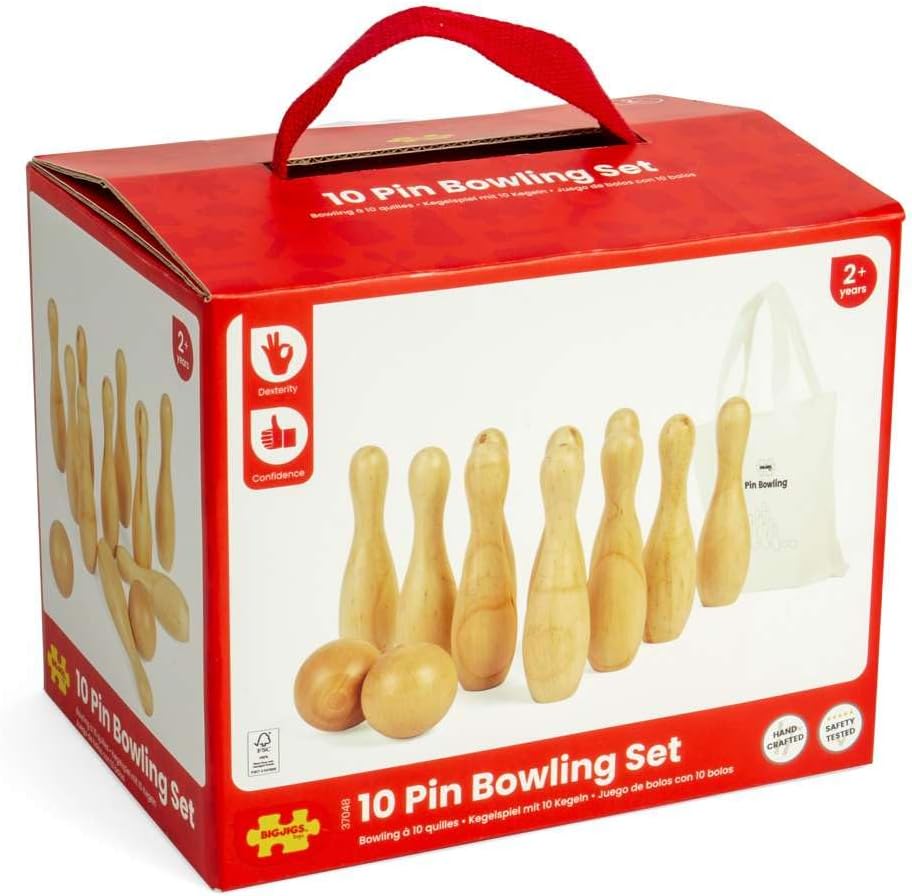 Bigjigs Toys Ensemble de bowling à 10 broches – 12 pièces de quilles en bois, ensembles de jardin et jeux de pelouse, cadeaux respectueux de l'environnement pour les tout-petits et les enfants, à