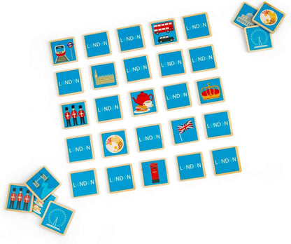 Bigjigs Toys London Memory Game – Set di 32 paia di abbinamenti in legno, divertente giocattolo da viaggio, giochi di abbinamento, regali ecologici per bambini dai 2 anni in su