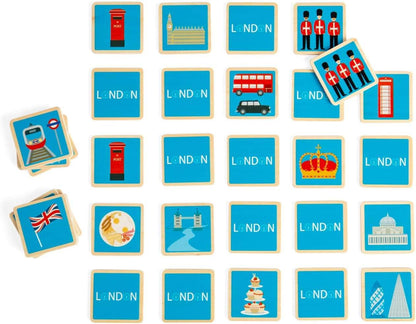 Bigjigs Toys London Memory Game – Set di 32 paia di abbinamenti in legno, divertente giocattolo da viaggio, giochi di abbinamento, regali ecologici per bambini dai 2 anni in su