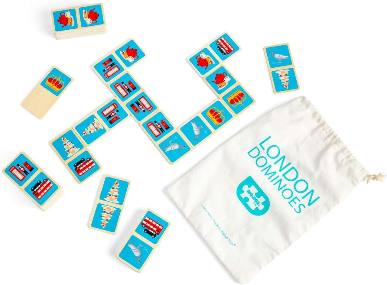 Bigjigs Toys London Dominoes - Juego de dominó de madera de 28 piezas para niños, divertido juguete de viaje, regalos ecológicos para niños pequeños, a partir de 2 años