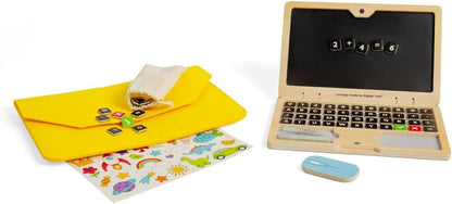 Bigjigs Toys Tech Set - 95 piezas de juguete de madera para laptop con pantalla de pizarra, juegos de simulación y accesorios para niños pequeños y niños, actividad de aprendizaje preescolar, regalos