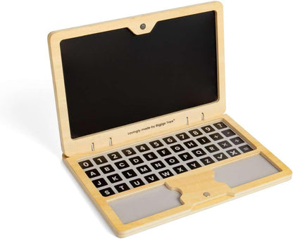 Bigjigs Toys Tech Set - 95 piezas de juguete de madera para laptop con pantalla de pizarra, juegos de simulación y accesorios para niños pequeños y niños, actividad de aprendizaje preescolar, regalos