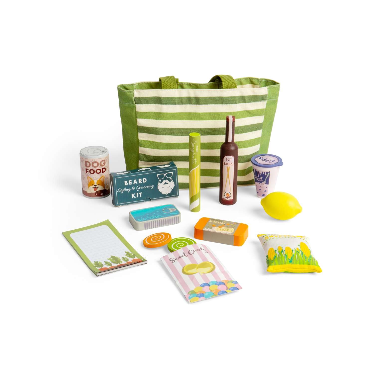 Bigjigs Toys Set da viaggio per lo shopping, 17 pezzi, in legno, set di cibo e accessori per supermercati, giochi di ruolo per bambini, regali per bambini, età 18 + mesi