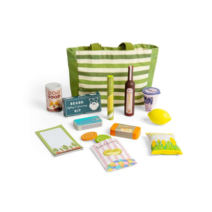 Bigjigs Toys Set da viaggio per lo shopping, 17 pezzi, in legno, set di cibo e accessori per supermercati, giochi di ruolo per bambini, regali per bambini, età 18 + mesi
