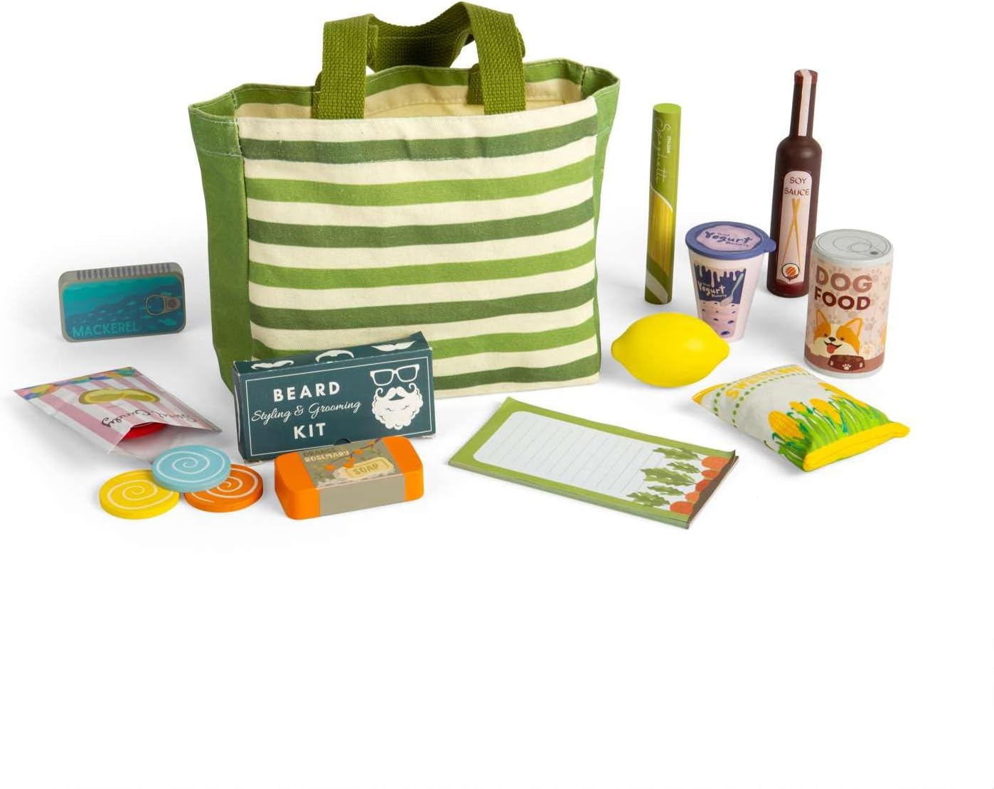 Bigjigs Toys Set da viaggio per lo shopping, 17 pezzi, in legno, set di cibo e accessori per supermercati, giochi di ruolo per bambini, regali per bambini, età 18 + mesi