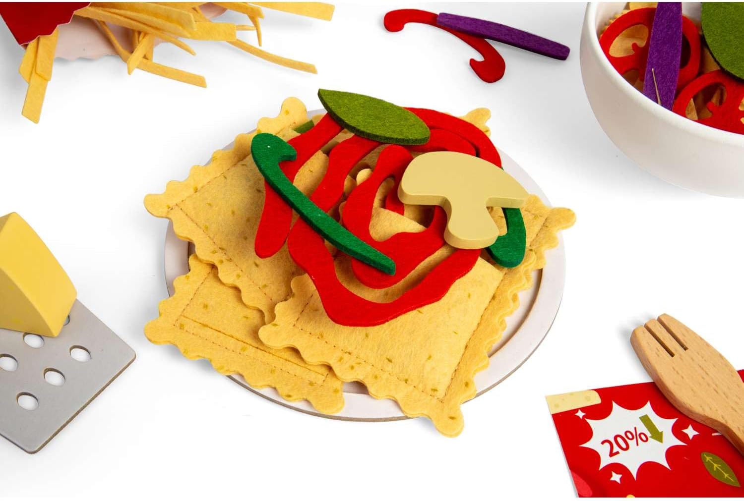 Bigjigs Toys Pasta For Two - Set da gioco in legno, 64 pezzi, set da cucina e cucina per bambini, accessori da gioco per bambini, regali per bambini, età 18 mesi +