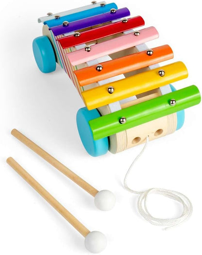 Bigjigs Toys Xilofono da tirare lungo – strumento arcobaleno in legno 2 in 1 per bambini e bambini, xilofoni musicali, strumenti sensoriali e accessori, regali per bambini, età 18 + mesi