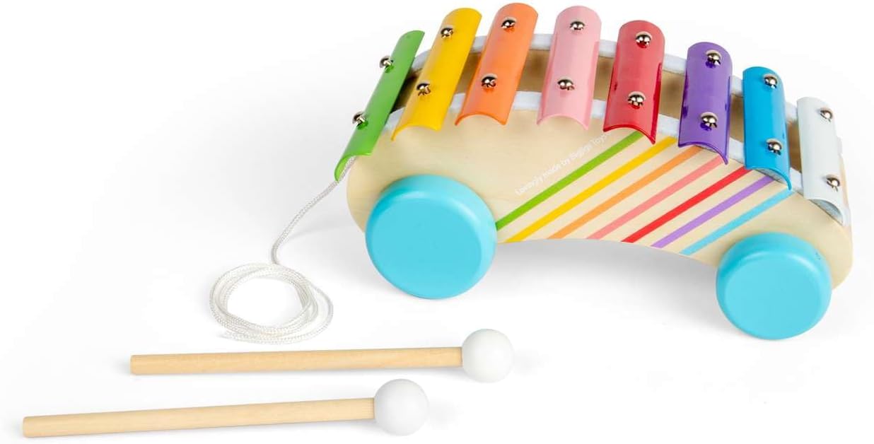 Bigjigs Toys Xilofono da tirare lungo – strumento arcobaleno in legno 2 in 1 per bambini e bambini, xilofoni musicali, strumenti sensoriali e accessori, regali per bambini, età 18 + mesi