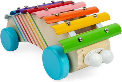 Bigjigs Toys Xilofono da tirare lungo – strumento arcobaleno in legno 2 in 1 per bambini e bambini, xilofoni musicali, strumenti sensoriali e accessori, regali per bambini, età 18 + mesi