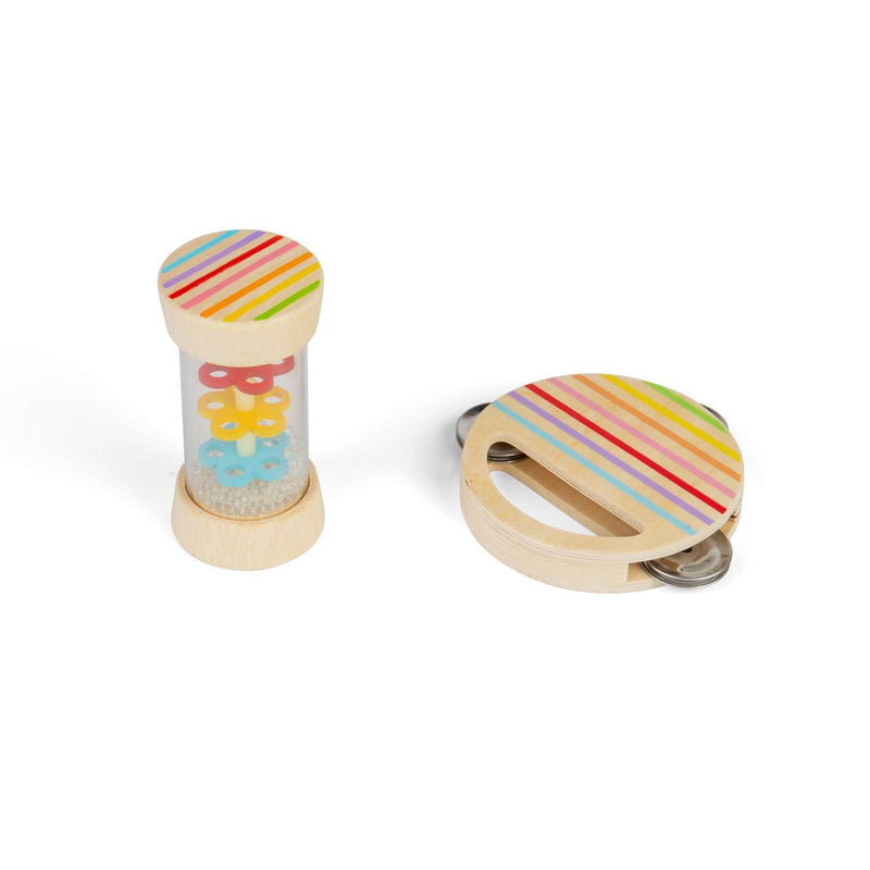 Bigjigs Toys Shake & Roll, set di 2 tamburelli arcobaleno in legno e Rainmaker, mini strumenti a percussione per bambini e bambini, regalo per bambini dai 18 mesi in su
