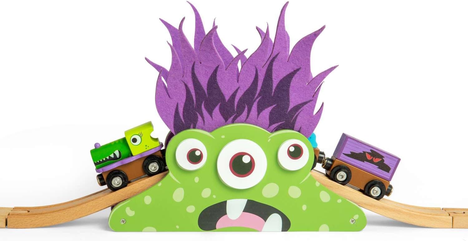 Bigjigs Rail Monster Bridge - Juego de tren de madera temático para niños, trenes y accesorios para niños, juguetes de ferrocarril para niños pequeños y juegos de expansión, a partir de 3 años