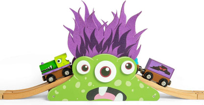 Bigjigs Rail Monster Bridge - Juego de tren de madera temático para niños, trenes y accesorios para niños, juguetes de ferrocarril para niños pequeños y juegos de expansión, a partir de 3 años