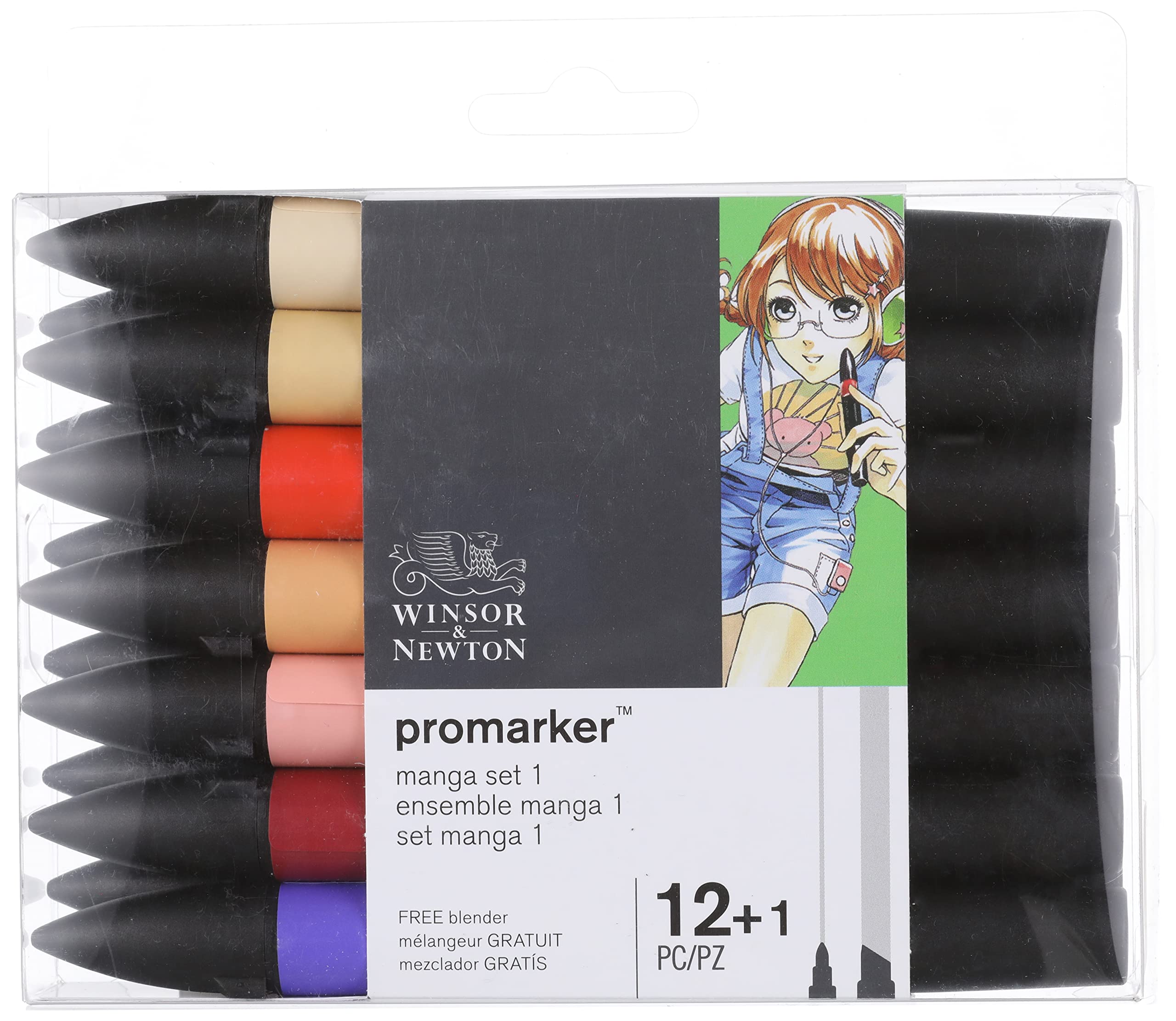 Winsor & Newton 0290139 Promarker, professionele layoutmarker - 2 punten, fijn en breed voor tekeningen, ontwerp en lay-outs - Set 12 Promarker, Manga Expansion Pack 1