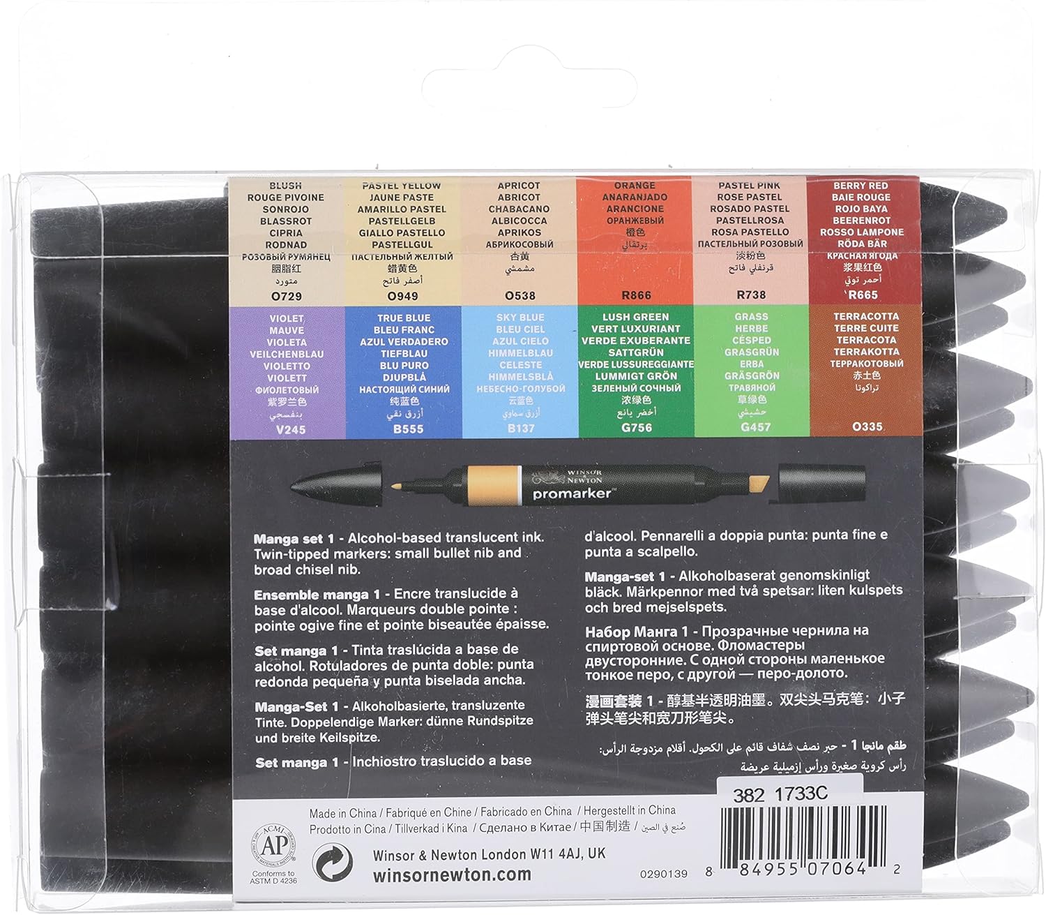 Winsor & Newton 0290139 Promarker, professionele layoutmarker - 2 punten, fijn en breed voor tekeningen, ontwerp en lay-outs - Set 12 Promarker, Manga Expansion Pack 1