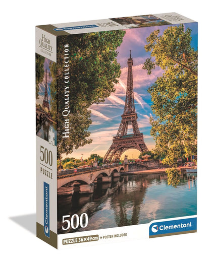 Clementoni - Puzzle 500 Teile für Erwachsene und Jugendliche, Kollektion, Thema Along The Seine, Illustration Senna und Eiffelturm, Compact Box mit Poster, Made in Italy, 49 x 36 cm, 35598