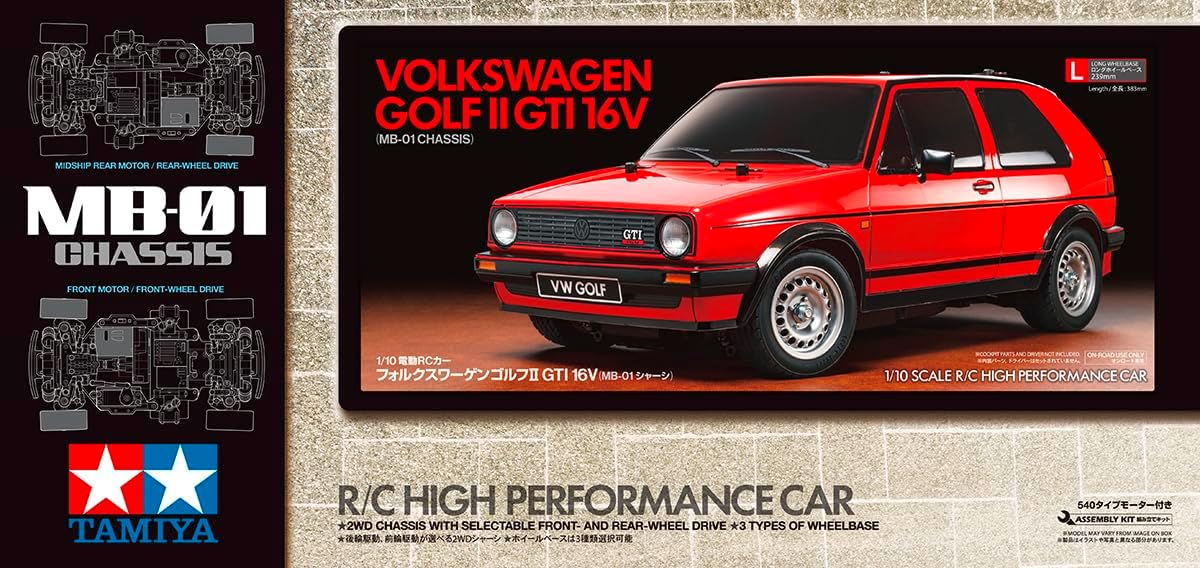 TAMIYA 58748 1:10 RC VW Golf II GTI 16V MB-01 Remote Control Car, Vehicle, Model Building, Assembly, Hobby, RC Kit, Unpainted, Multiple