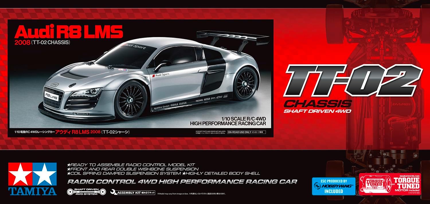 TAMIYA 58749 1:10 RC Audi R8 LMS 2008 TT-02 Remote Control Car, Vehicle, Model Building, Assembly, Hobby, RC Kit, Unpainted