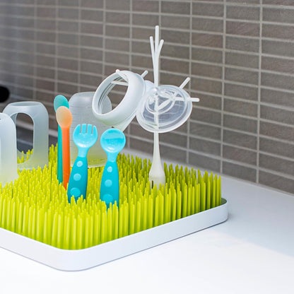 Boon Nursery Accessories Starter Bundle | Includes x5 Pieces: Stylish Grass Baby Bottle Dryer Rack, Baby Bottle Brush, 2x Large Bottle Adaptors and Spoon