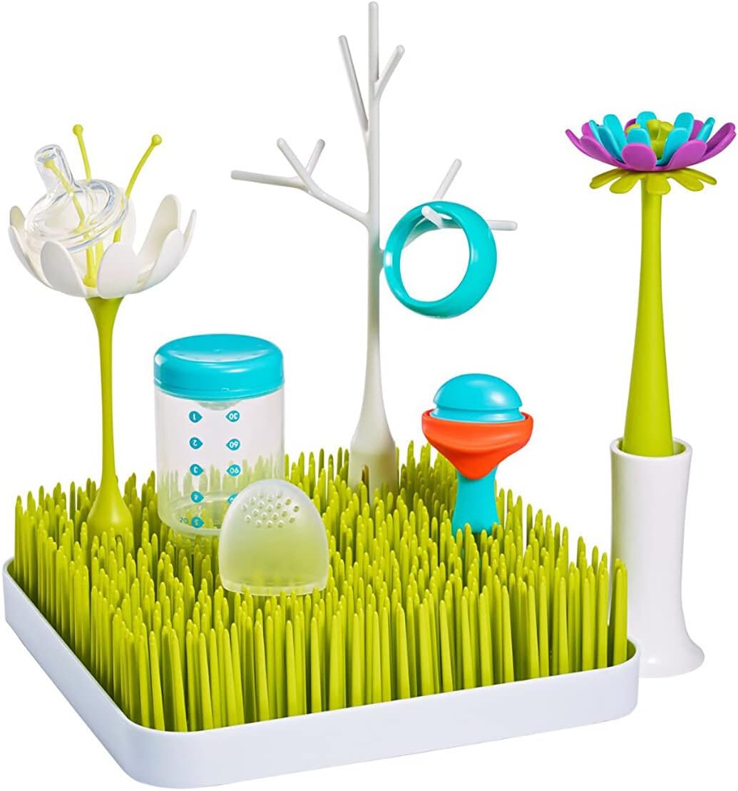 Boon Nursery Accessories Starter Bundle | Includes x5 Pieces: Stylish Grass Baby Bottle Dryer Rack, Baby Bottle Brush, 2x Large Bottle Adaptors and Spoon